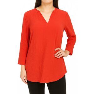 Womens Cristina B. Red V-Neck Top Linen-like Texture Long Sleeve Lagenlook M